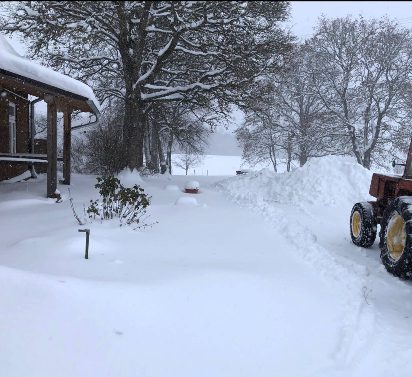 Tief verschneiter Hof mit einem Traktor am Bildrand, schneebedeckten Bäumen und dem Vordach des Hauses links.